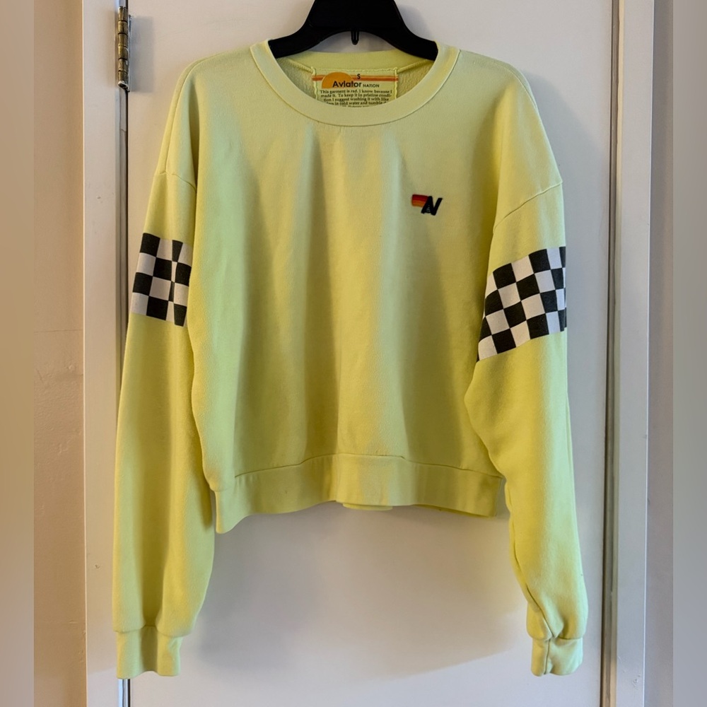 Aviator Nation Checkered Neon Cropped Boyfriend Sweatshirt